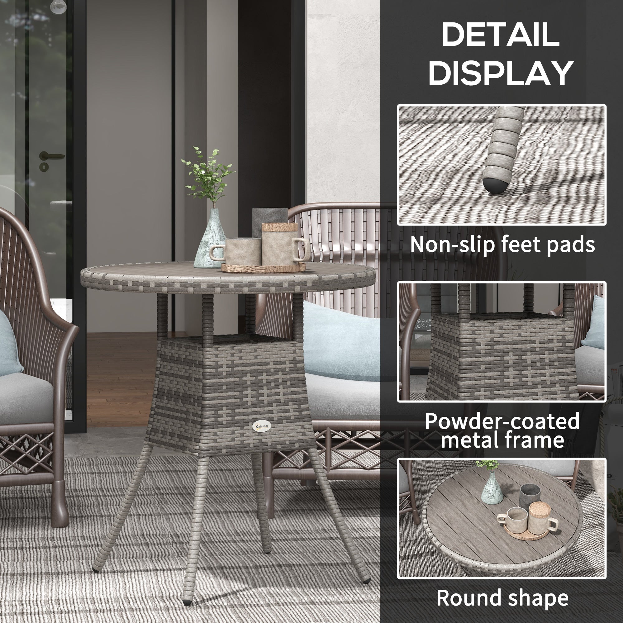 Outsunny 70 cm Wood-Effect Rattan Garden Table - Grey