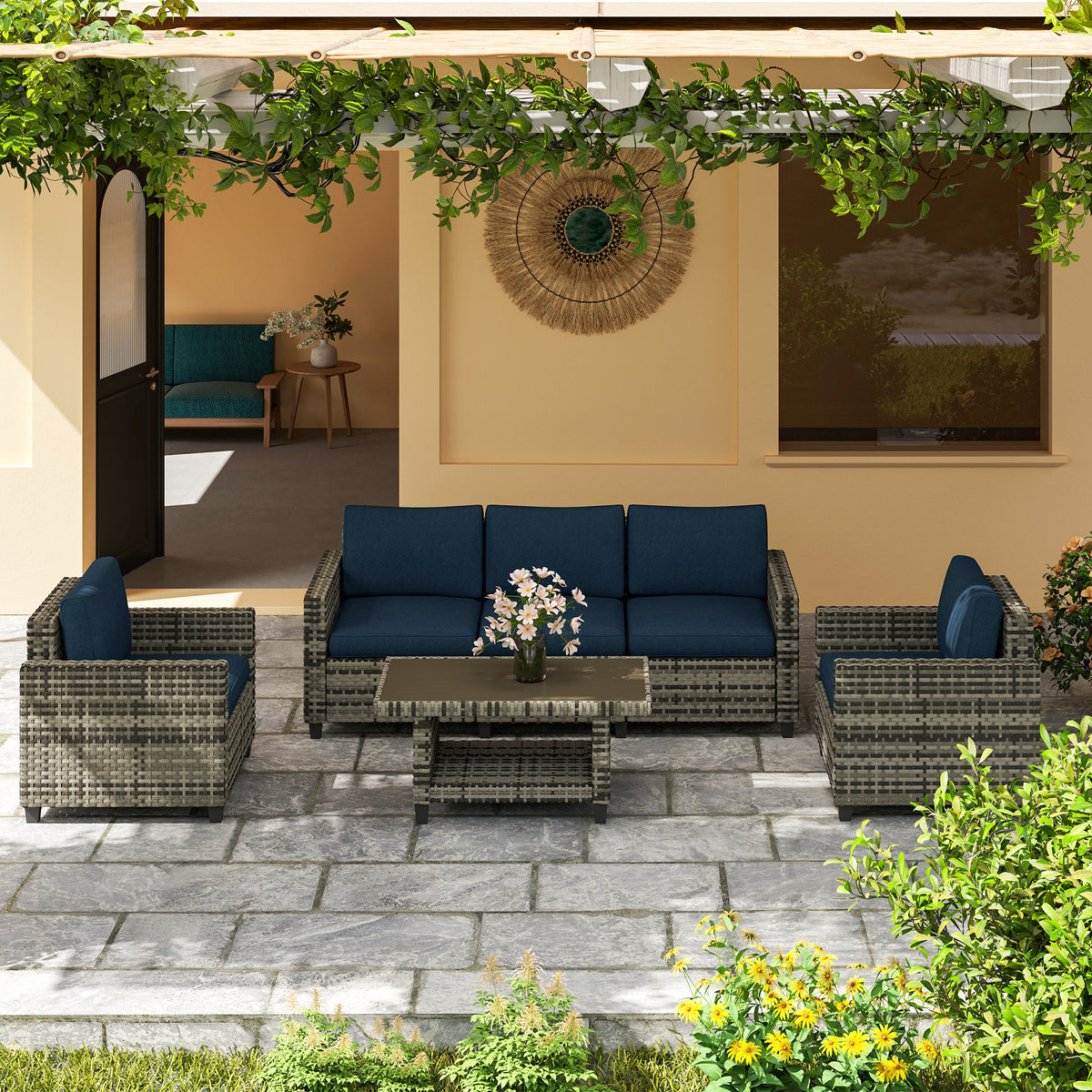Outsunny Six-Piece Modular Rattan Sofa Set - Navy Blue