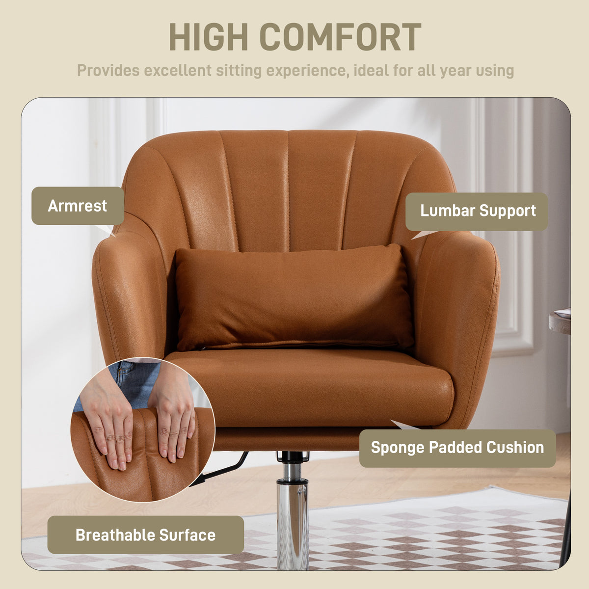 Swivel Accent Chair, Linen Fabric Tub Vanity Chair, Modern Armchair with Adjustable Height and Lumbar Support for Living Room Bedroom Salon Make up Room Dressing Table, Brown