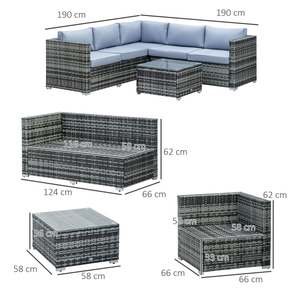 Outsunny Four-Piece Rattan Sofa Set with 11 Cushions, Steal Frame - Grey