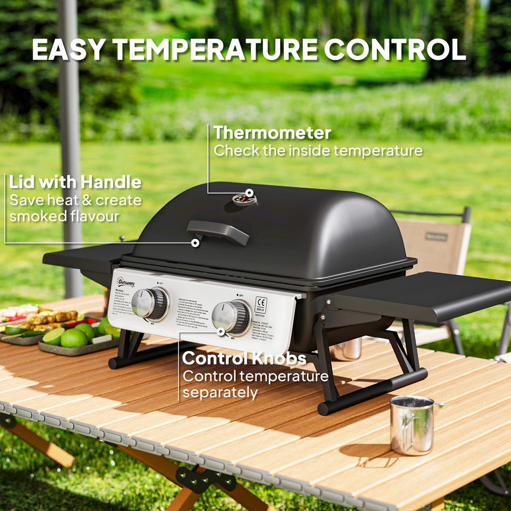Outsunny Two-Burner Compact Gas Grill with 2 Folding Side Shelves - Black