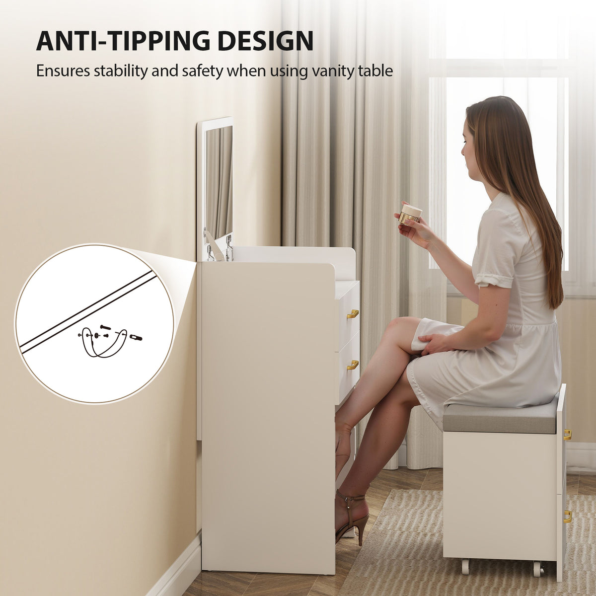 Compact Dressing Table and Stool Set, with Storage - White