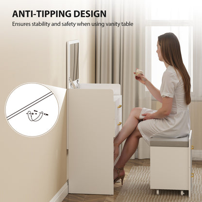 Compact Dressing Table and Stool Set, with Storage - White