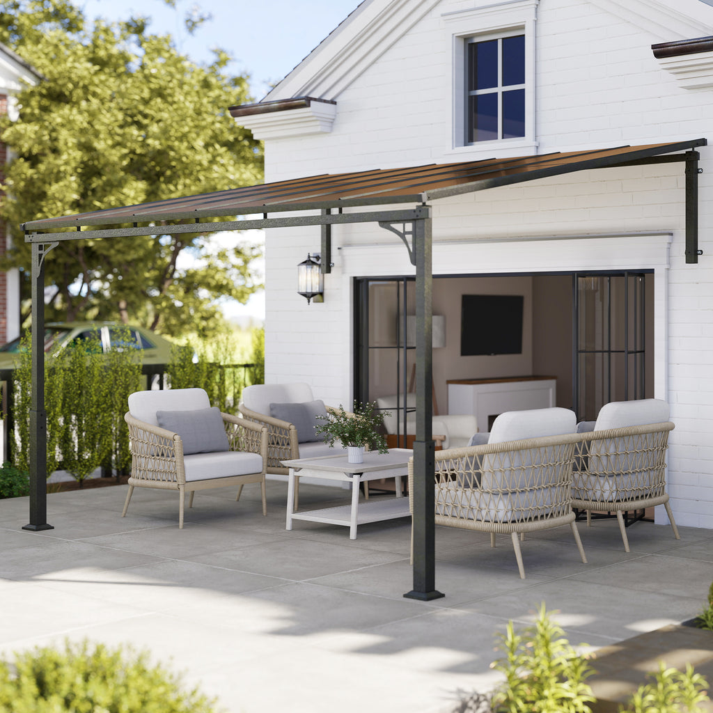 Outsunny 3.4 x 3 m Metal Lean-to Pergola, Wall-Mounted Garden Pergola with Polycarbonate Roof and Metal-Aluminium Frame, Heavy Duty Hardtop Gazebo for Outdoor Patios, BBQ, Brown
