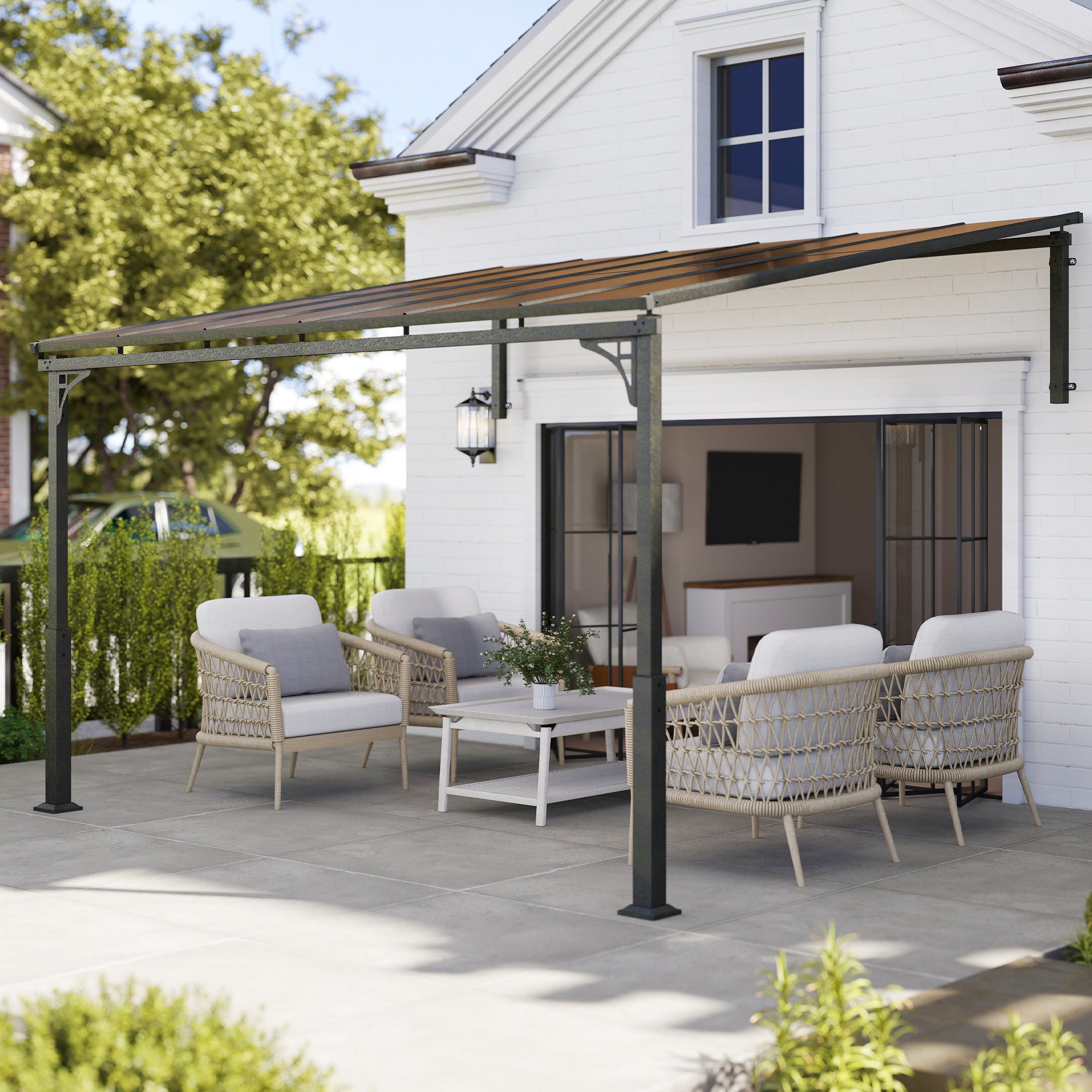 Outsunny 3.4 x 3 m Metal Lean-to Pergola, Wall-Mounted Garden Pergola with Polycarbonate Roof and Metal-Aluminium Frame, Heavy Duty Hardtop Gazebo for Outdoor Patios, BBQ, Brown