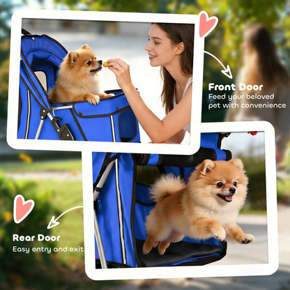 PawHut Dog Pram, Pet Stroller with Reflective Strips, Foldable Cat Stroller with 360° Swivel Wheels, Blue