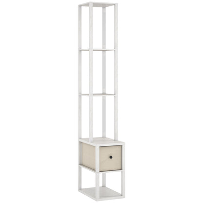 Floor Lamp with Shelves, LED Column Modern Standing Lamp with Fabric Drawer, Adjustable Brightness, Foot Switch for Living Room, Bedroom, Office, White