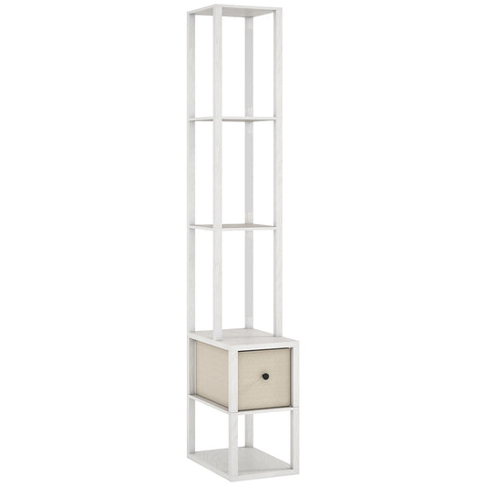 Floor Lamp with Shelves, LED Column Modern Standing Lamp with Fabric Drawer, Adjustable Brightness, Foot Switch for Living Room, Bedroom, Office, White