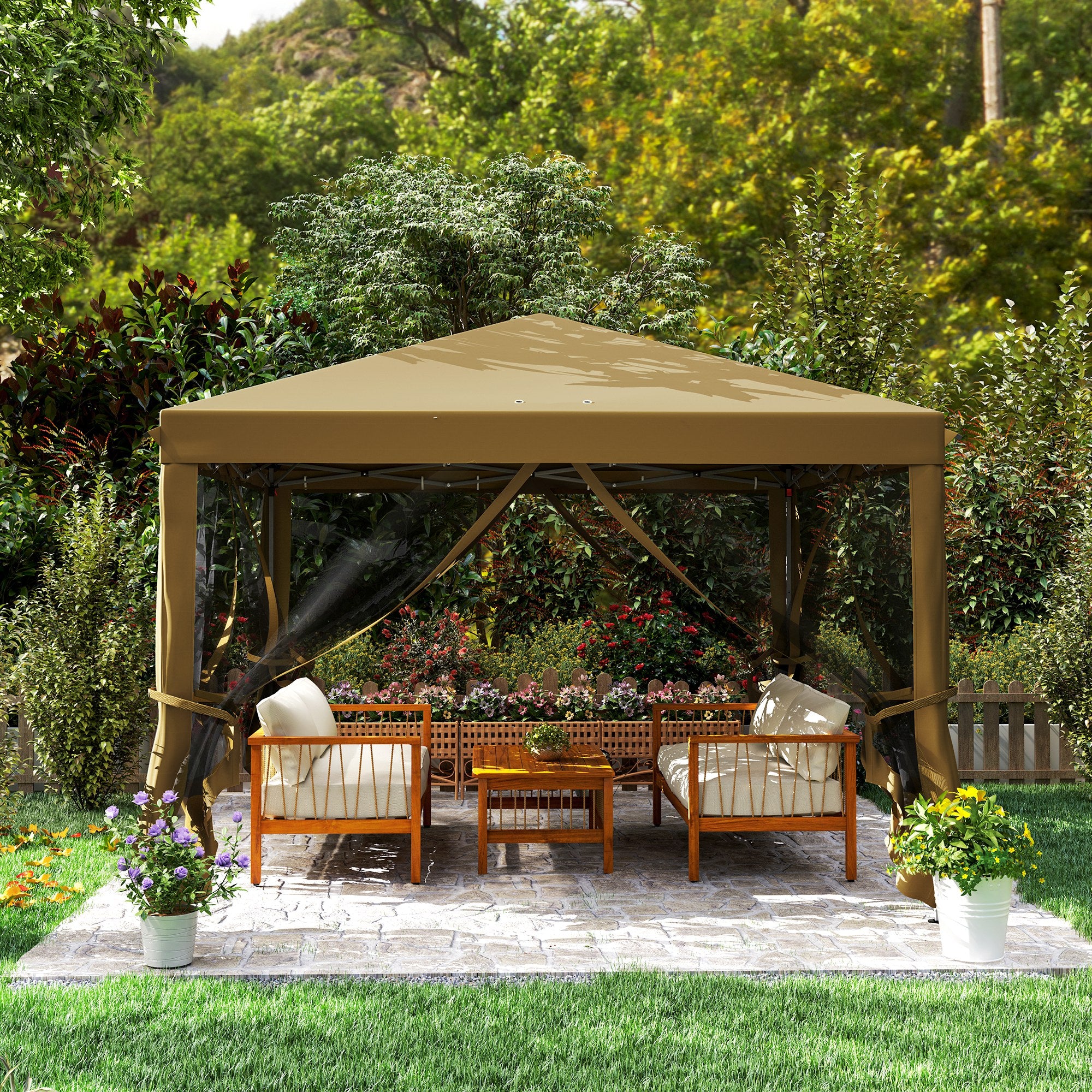 Outsunny 3 x 3 m Pop Up Gazebo, 420D Garden Tent Canopy with Removable Mesh Sidewall Netting, Carry Bag for Garden Patio Outdoor, Khaki