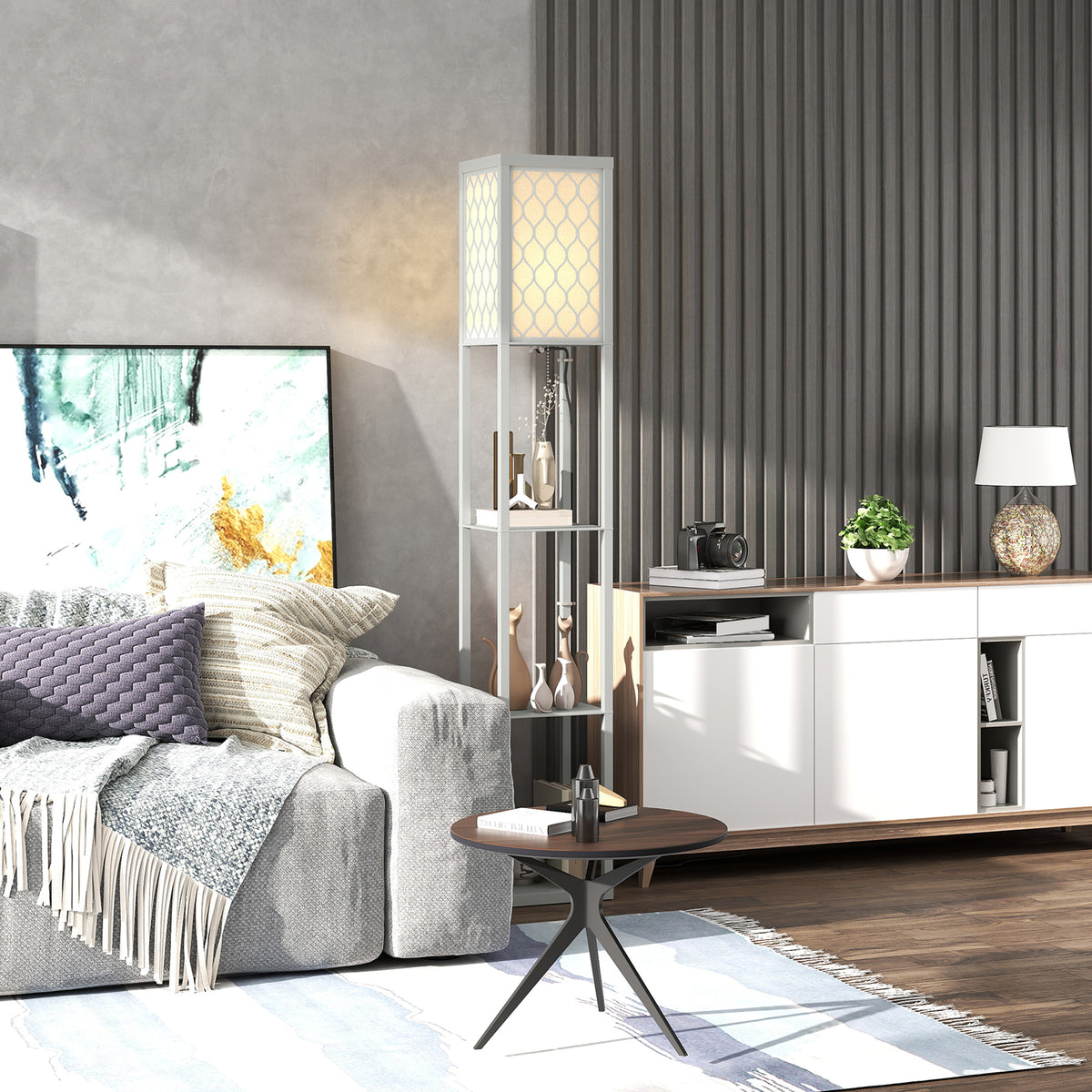 Three-Shelf Standing Lamp - Grey/White