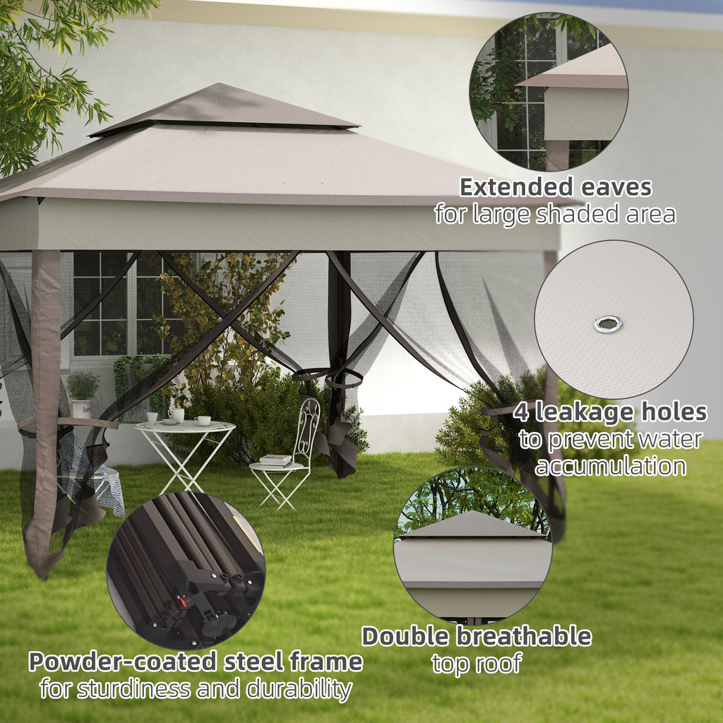 Outsunny 3.25 x 3.25m Pop Up Gazebo, Double-roof Garden Tent with Netting and Carry Bag, Party Event Shelter for Outdoor Patio, Brown and Grey