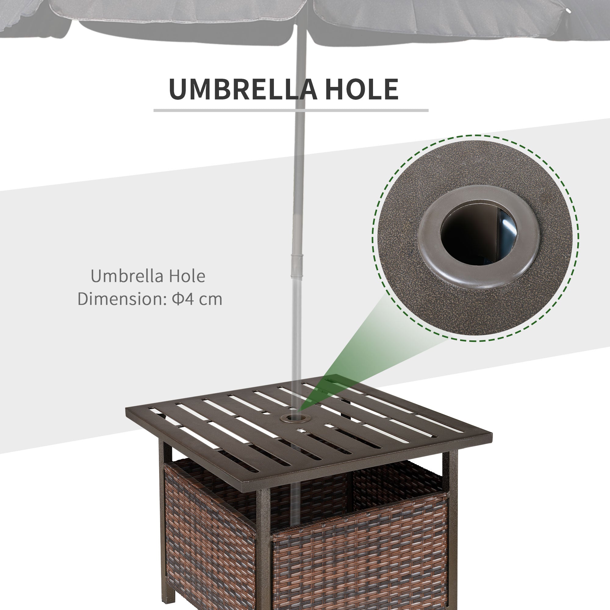 Outsunny Rattan Garden Coffee Table, 55.5 cm Square Wicker Patio Side Coffee Table with 4 cm Umbrella Hole, Metal Bottom and Slatted Top for Outdoor, Balcony, Brown