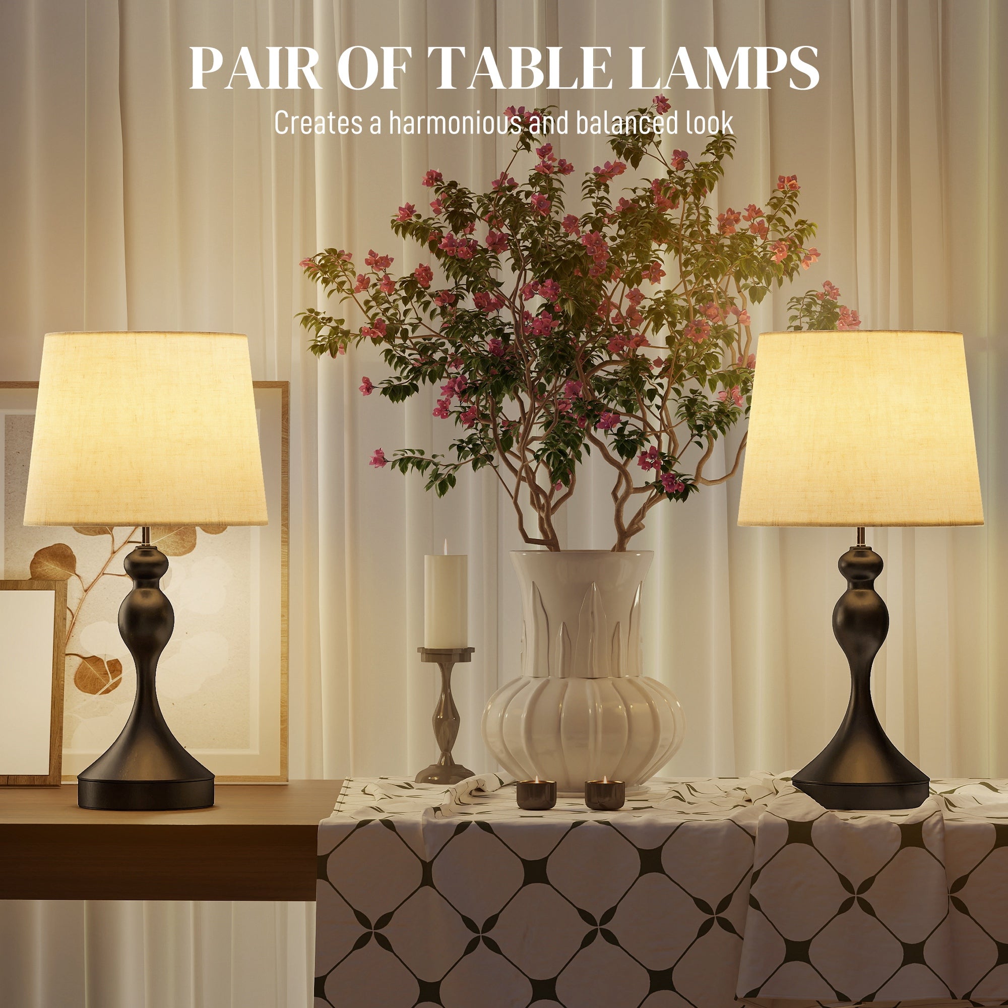 Set of Two Three-Colour Lamps, with USB Ports - Black/Beige