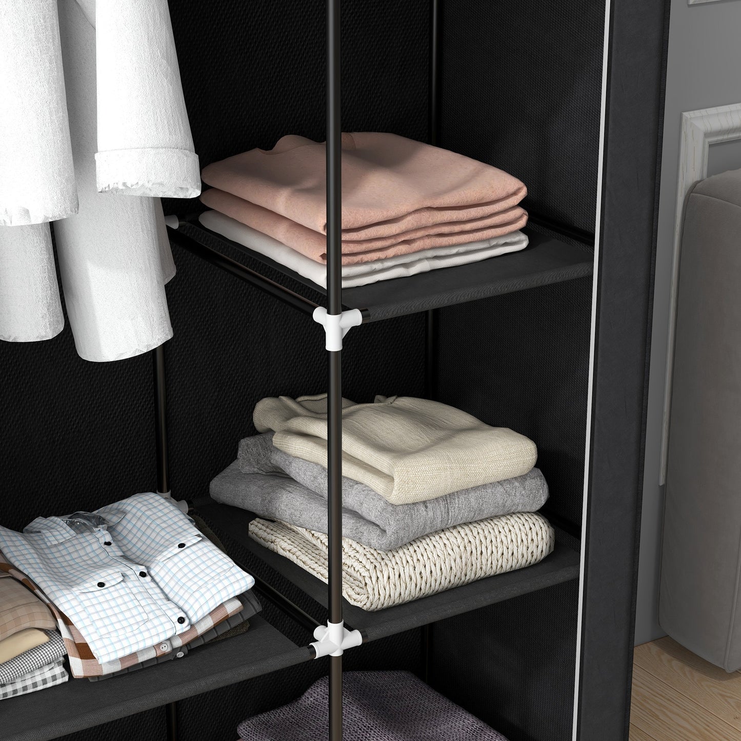Fabric Wardrobe w/ Shelves Hanging Rail Foldable Wardrobe Black