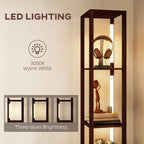 Floor Lamp with Shelves, LED Column Modern Standing Lamp with Fabric Drawer, Adjustable Brightness, Foot Switch for Living Room, Bedroom, Office, Dark Brown
