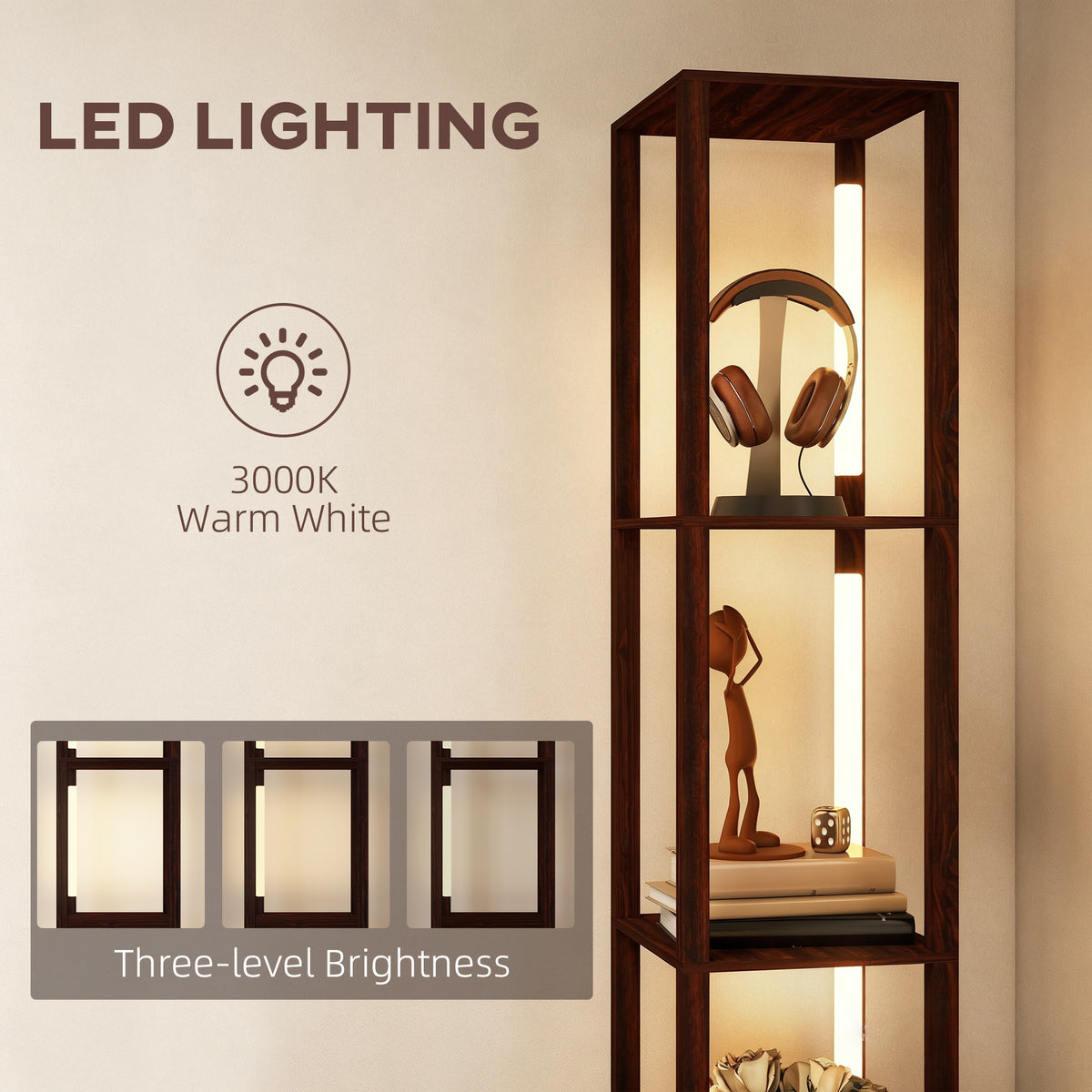 Floor Lamp with Shelves, LED Column Modern Standing Lamp with Fabric Drawer, Adjustable Brightness, Foot Switch for Living Room, Bedroom, Office, Dark Brown