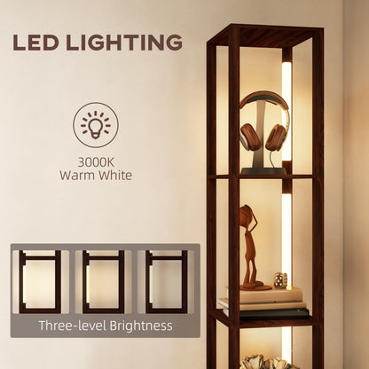 Floor Lamp with Shelves, LED Column Modern Standing Lamp with Fabric Drawer, Adjustable Brightness, Foot Switch for Living Room, Bedroom, Office, Dark Brown