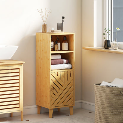 Slim Bathroom Cabinet with Bamboo Door and Legs, Narrow Bathroom Storage Cabinet, Freestanding Storage Cupboard with Open Compartments, 32 x 30 x 90 cm, Natural Wood Finish