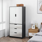 2 Door Wardrobe, Modern Wardrobe with 3 Drawers and Hanging Rod for Bedroom, High Gloss White
