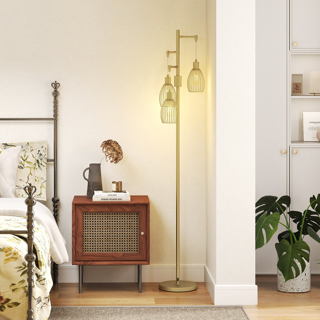 3-Light Floor Lamp, 170cm Industrial Dimmable Standing Lamp with Steel Wire Cage Lampshades for Living Room, Bedroom, Dining Room, Study, Bulb Not Included, Gold Tone