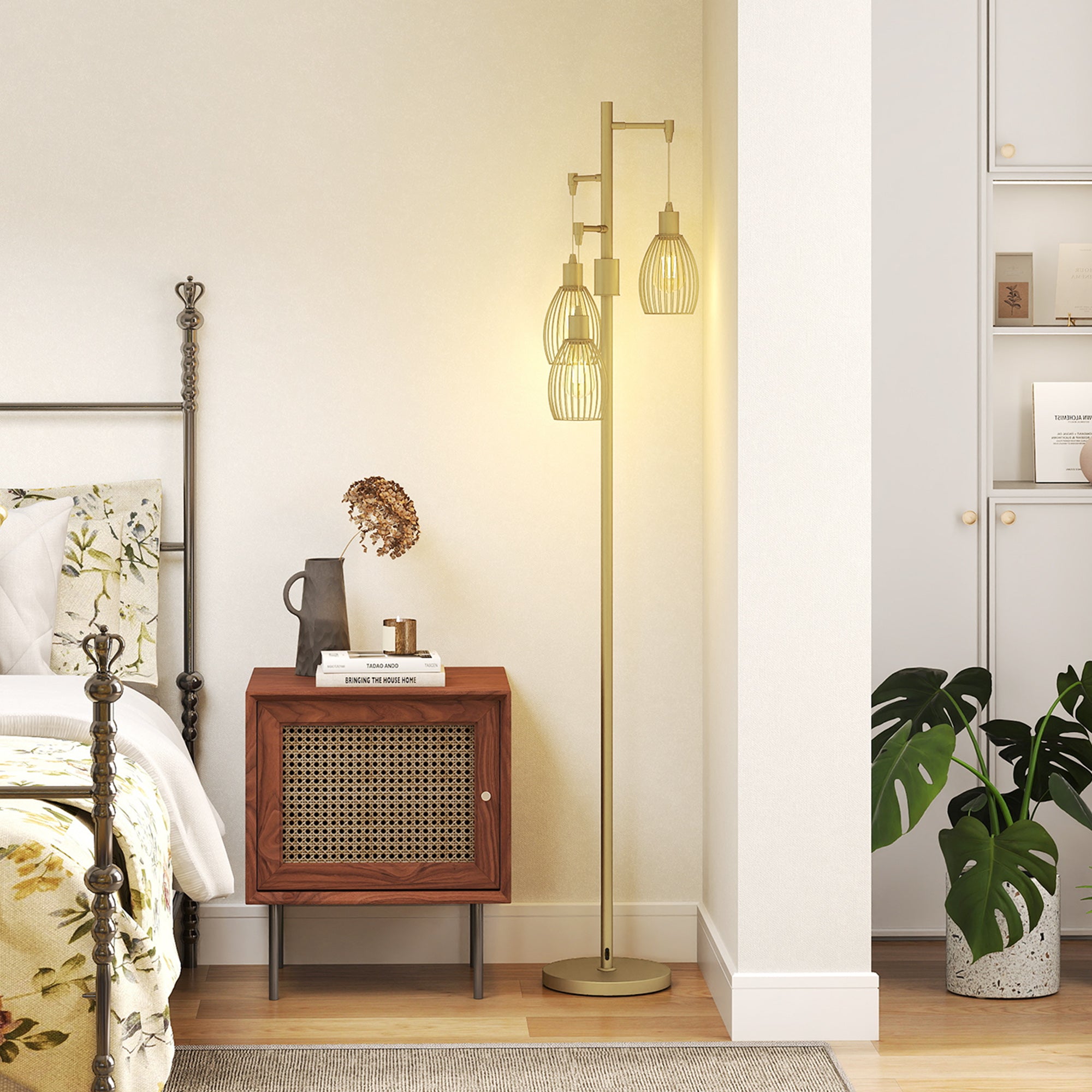 3-Light Floor Lamp, 170cm Industrial Dimmable Standing Lamp with Steel Wire Cage Lampshades for Living Room, Bedroom, Dining Room, Study, Bulb Not Included, Gold Tone