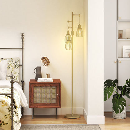3-Light Floor Lamp, 170cm Industrial Dimmable Standing Lamp with Steel Wire Cage Lampshades for Living Room, Bedroom, Dining Room, Study, Bulb Not Included, Gold Tone