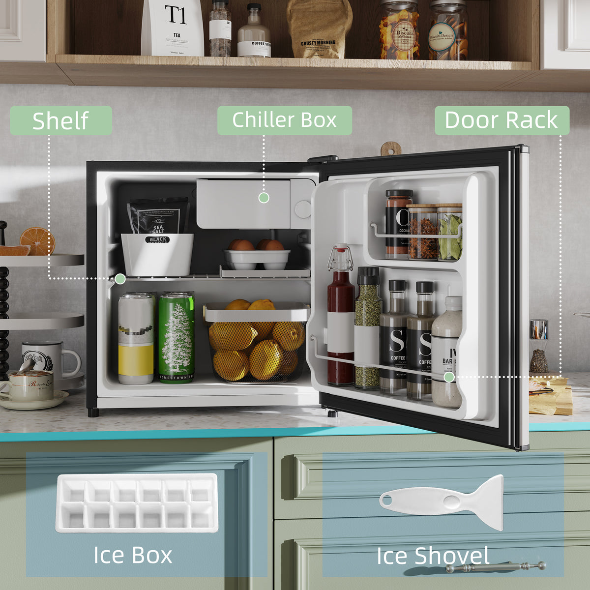 46 Litre Table Top Mini Fridge, Small Fridge with Ice Box, Reversible Door, Adjustable Temperature and Legs for Bedrooms, Home Office, Silver Tone
