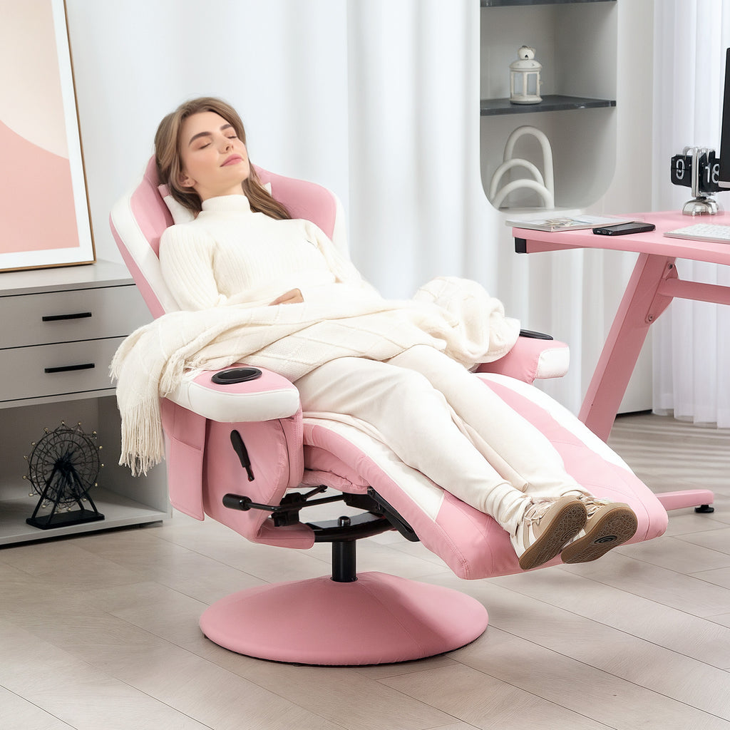 HOMCOM Manual Recliner Armchair PU Leather Lounge Chair w Adjustable Leg Rest, 135° Reclining Function, 360° Swivel, Pink