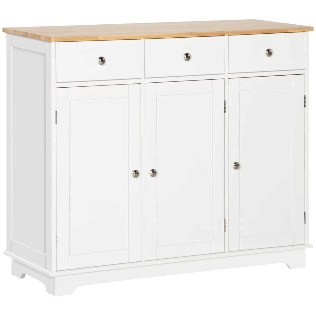HOMCOM Sideboard with Rubber Wood Top, Modern Storage Cabinet with 3 Adjustable Shelves, White