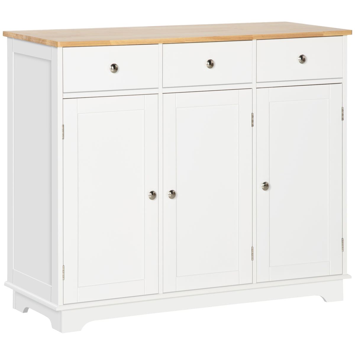 Sideboard with Rubber Wood Top, Modern Storage Cabinet with 3 Adjustable Shelves, White