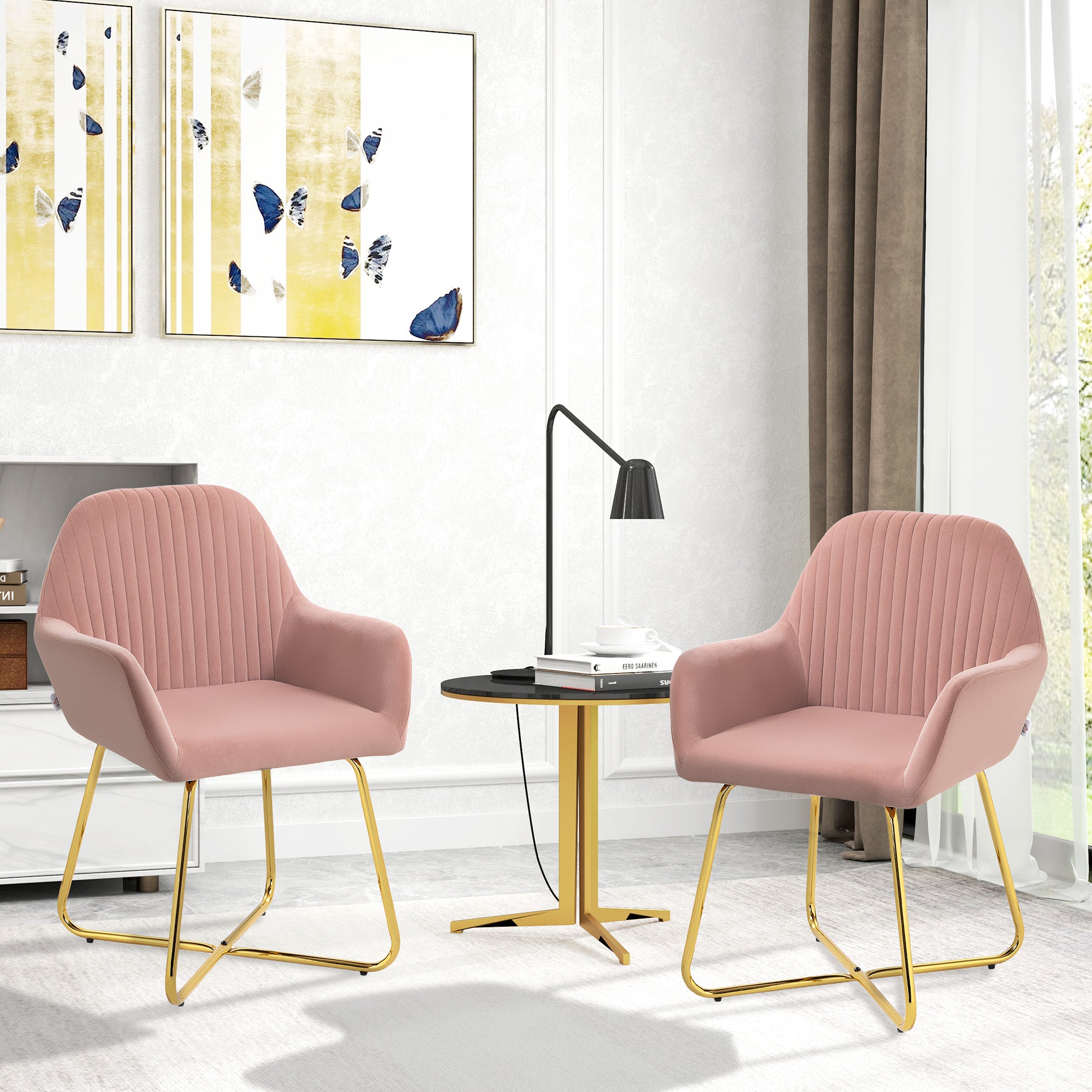HOMCOM Modern Arm Chair Set of 2 Upholstered Accent Chair with Metal Base for Living Room Pink