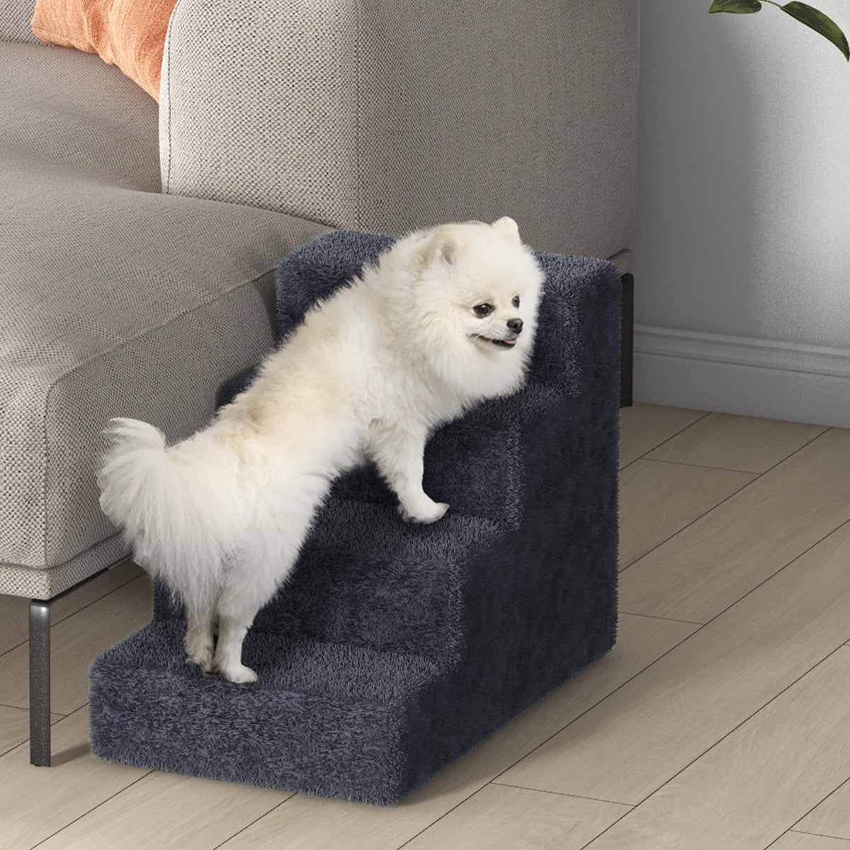 PawHut Four-Step Dog Stairs, with Washable Plush Cover, for High Bed Sofa, Dog Stairs for Small Dog and Cat - Dark Grey