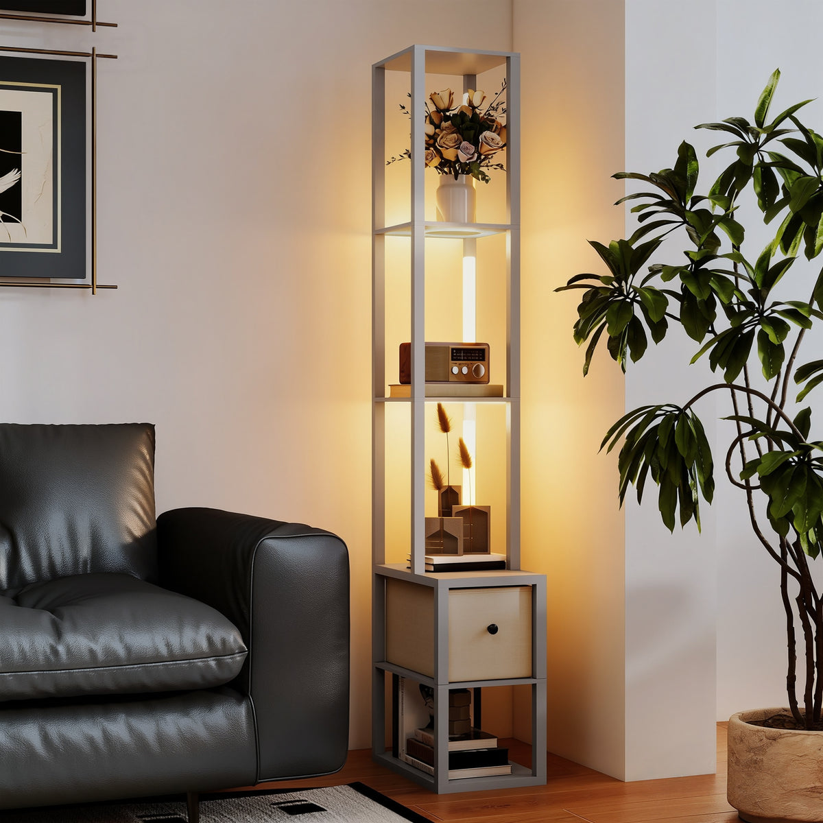 Floor Lamp with Shelves, LED Column Modern Standing Lamp with Fabric Drawer, Adjustable Brightness, Foot Switch for Living Room, Bedroom, Office, Grey
