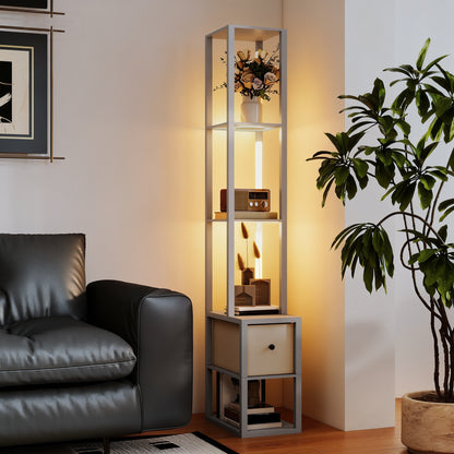 Floor Lamp with Shelves, LED Column Modern Standing Lamp with Fabric Drawer, Adjustable Brightness, Foot Switch for Living Room, Bedroom, Office, Grey