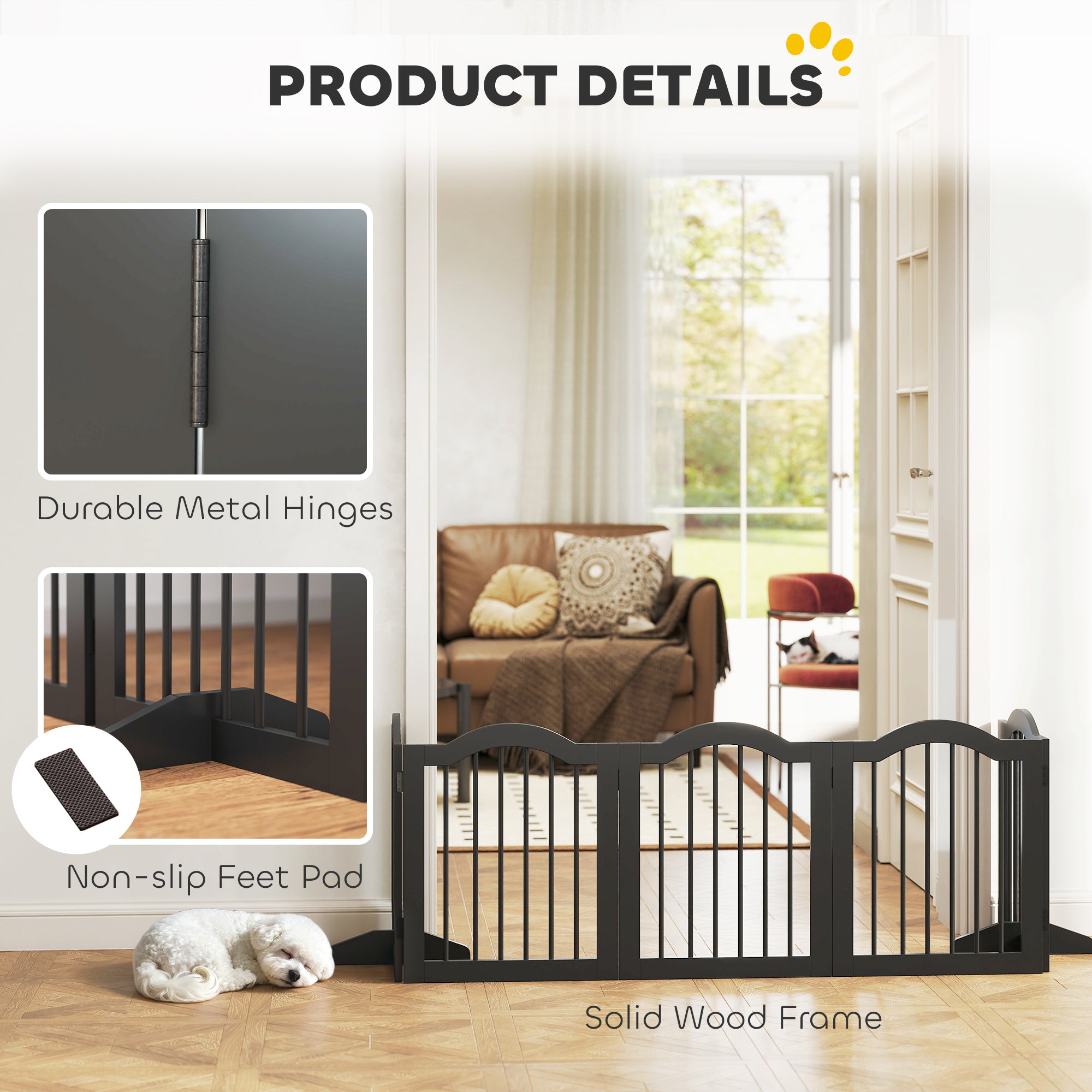 PawHut Wooden Foldable Dog Gate Panel Pet Fence Freestanding Safety Barrier for the House, Doorway, Stairs (Black)