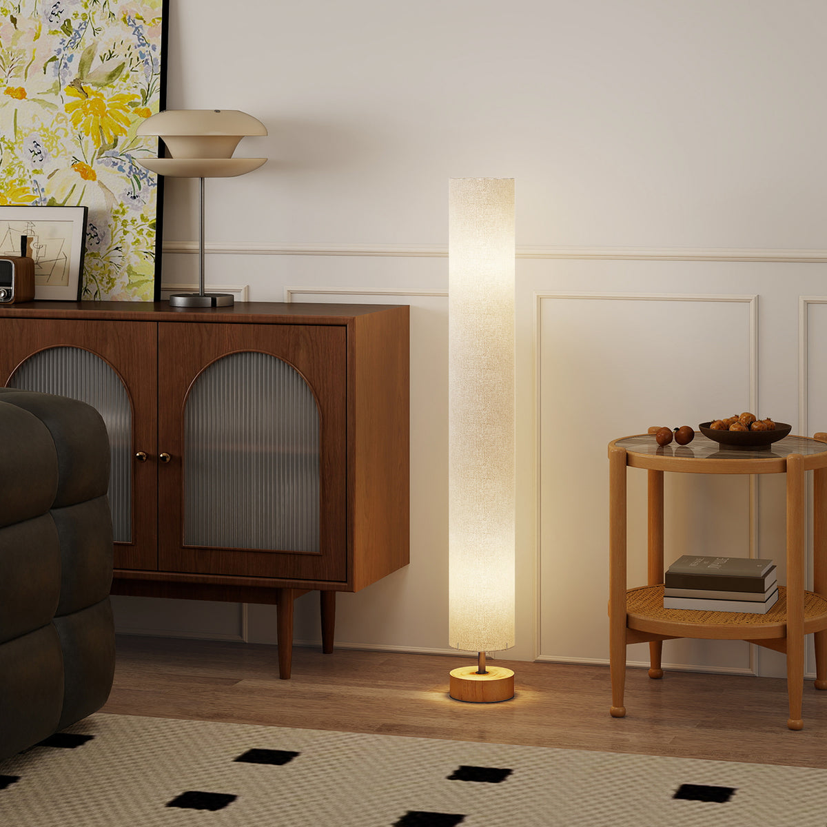 LED Floor Lamp for Living Room, 120cm Modern Standing Lamp with 3000K/4500K/6500K Colour Temperatures, Linen Shade and Wooden Base, Grey