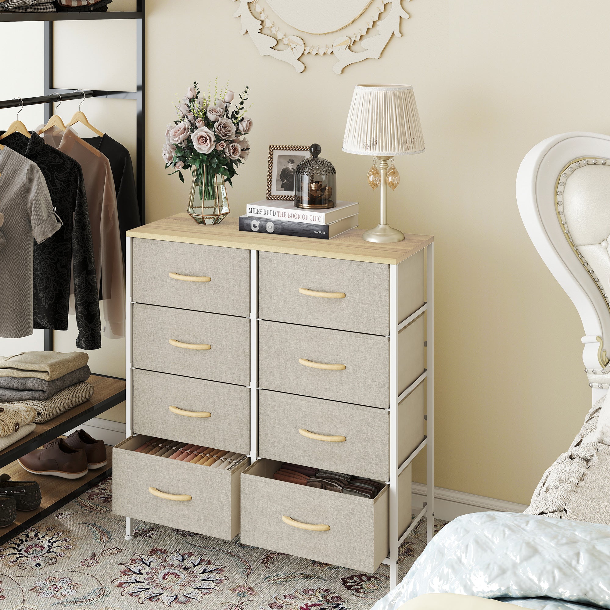 HOMCOM Fabric Chest of Drawers, Industrial Bedroom Dresser with 8 Fabric Drawers, Steel Frame and Wooden Top for Nursery, Living Room, Hallway, Maple Wood-effect