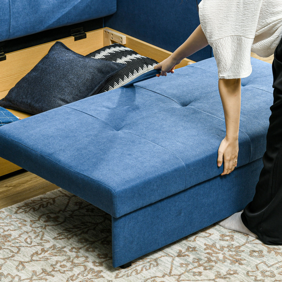2 Seater Sofa Bed with Hidden Storage, Pull Out Convertible Bed Settee, Modern Snow Flannel Loveseat Sofa Sleeper with 2 Cushions for Living Room, Guest Room, Deep Blue