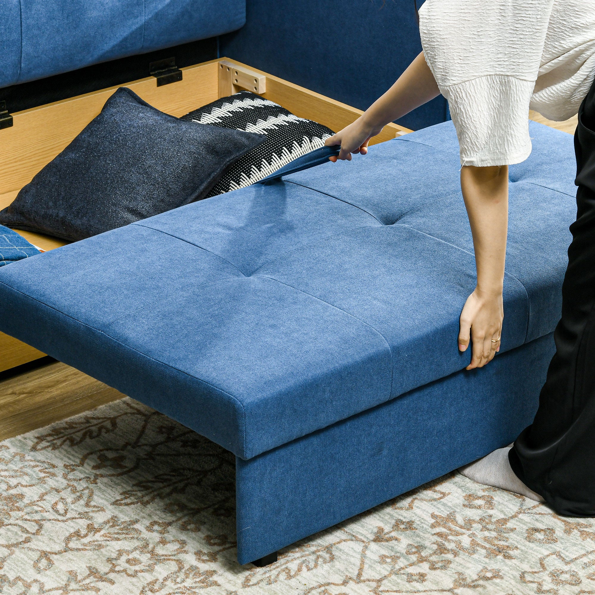 HOMCOM 2 Seater Sofa Bed with Hidden Storage, Pull Out Convertible Bed Settee, Modern Snow Flannel Loveseat Sofa Sleeper with 2 Cushions for Living Room, Guest Room, Deep Blue