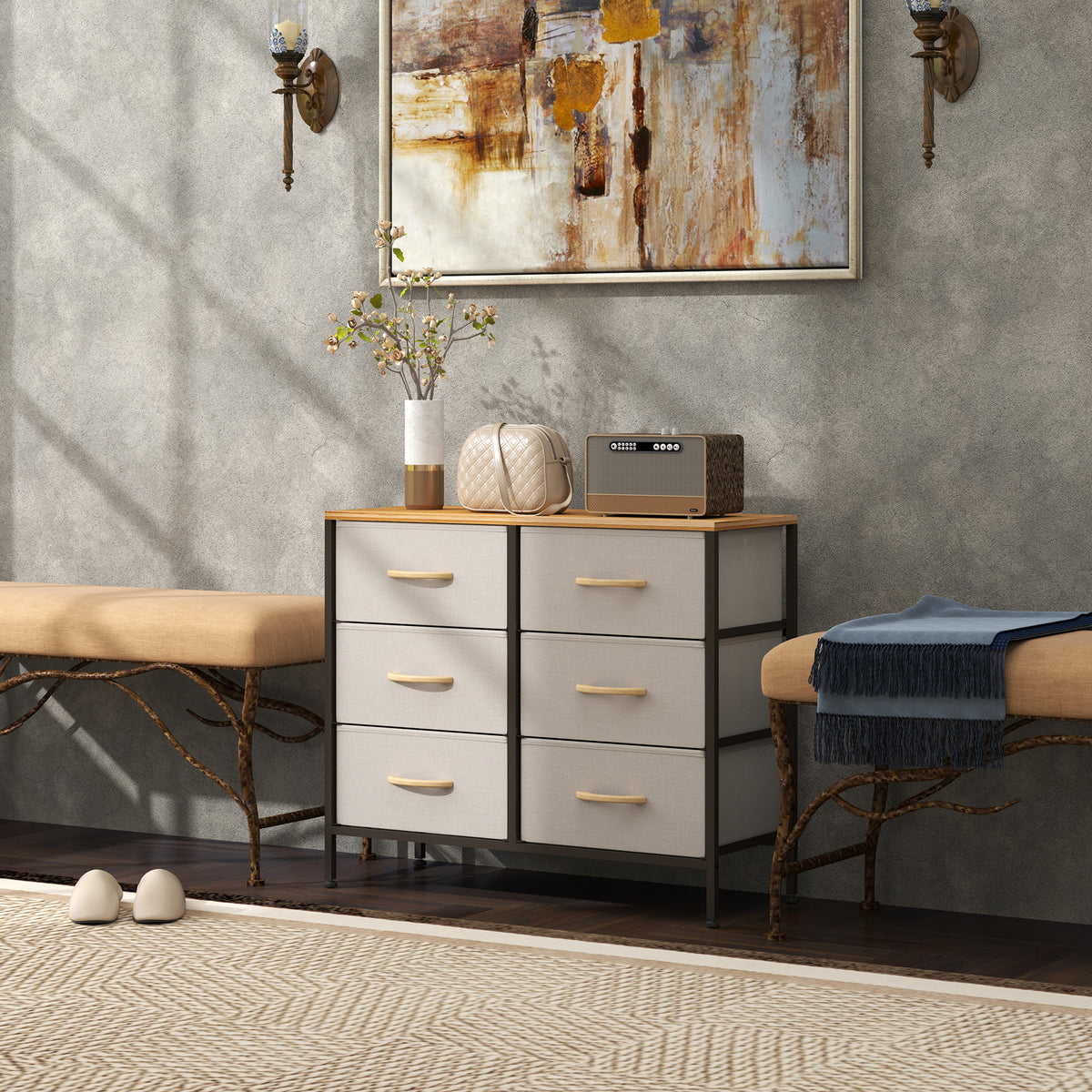 Fabric Chest of Drawers, Industrial Bedroom Dresser with 6 Fabric Drawers, Steel Frame and Wooden Top for Nursery, Living Room, Hallway, Cream White