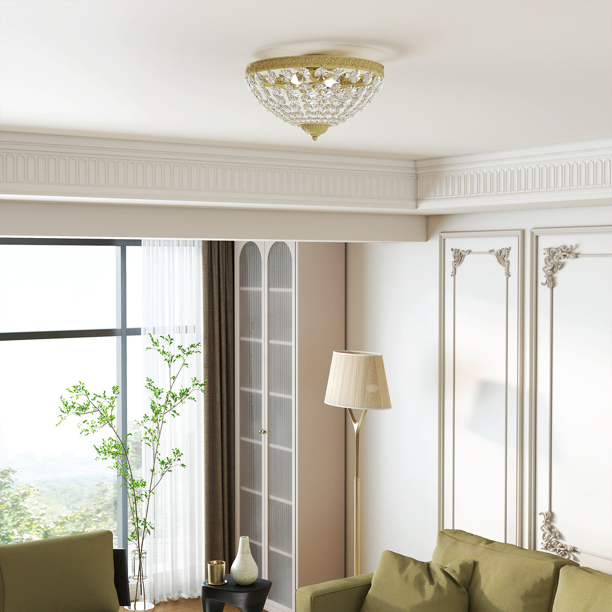 Crystal Chandelier Ceiling Light with 168 Octagonal Beads, Vintage 2-Light Flush Mount Ceiling Light for Living Room, Bedroom, Hallway, Dining Room, Gold Tone