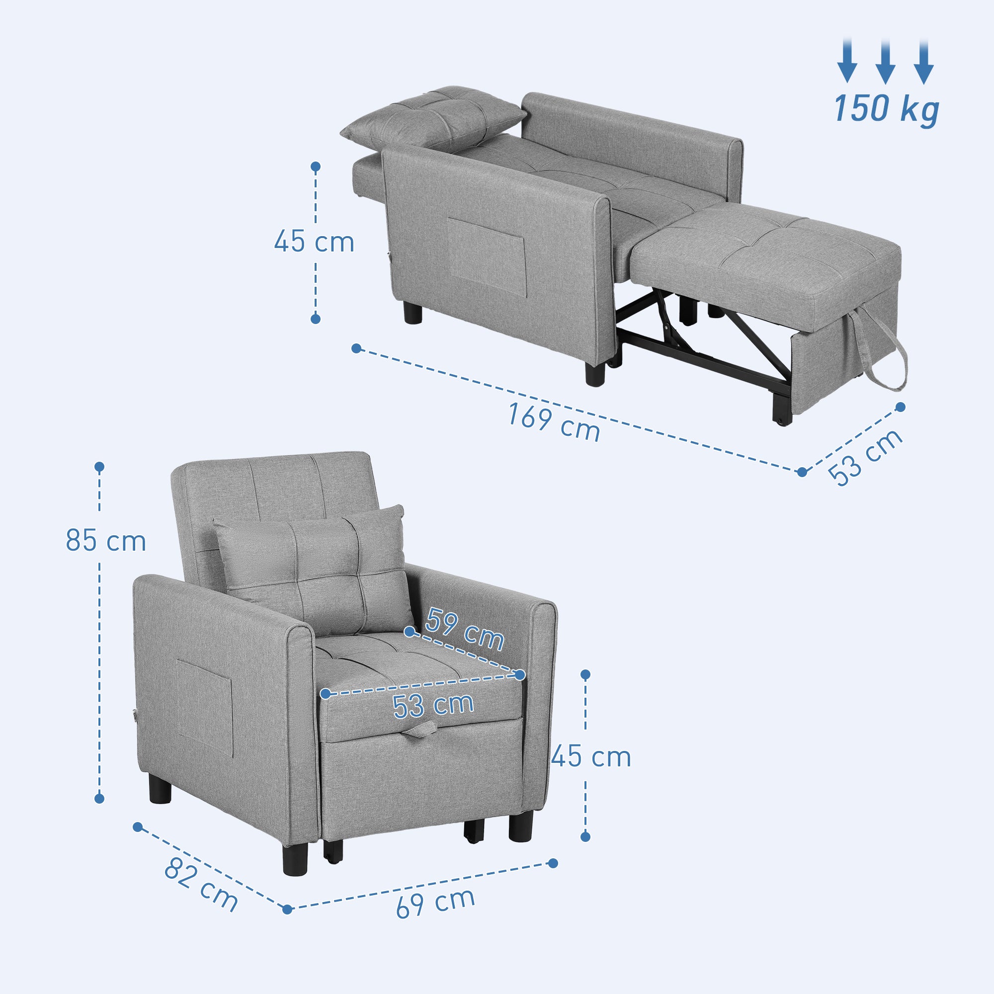 HOMCOM Linen-Look Single Chair Bed - Light Grey