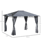Outsunny 3 x 3.6m Hardtop Gazebo Canopy with Polycarbonate Roof, Permanent Pavilion Garden Gazebo with Curtains for Patio, Deck, Grey