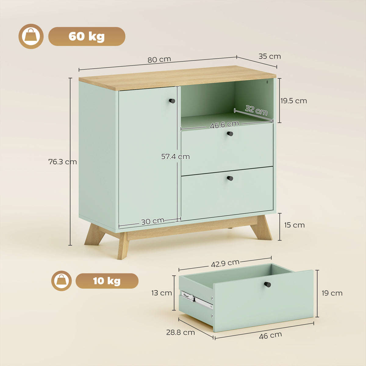 Sideboard Storage Cabinet, 80 cm Buffet Cabinet with 2 Drawers, Open Compartment, Adjustable Shelf, Light Green and Oak