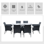 Outsunny 6 Seater Rattan Dining Set with Cushions, Rattan Garden Furniture Set with 6 Armchairs, Rectangular Glass Top Table, Outdoor Dining Table and Chairs, Black