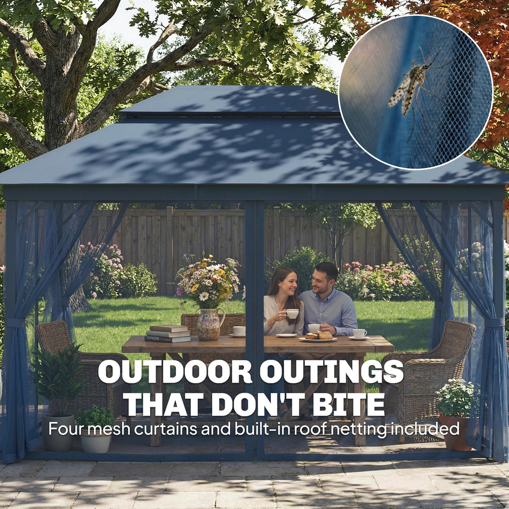 Outsunny 3 x 4 m Outdoor Garden Gazebo with Netting and Curtains, UPF50+ Patio Gazebo Permanent Pavilion Canopy, Dark Blue