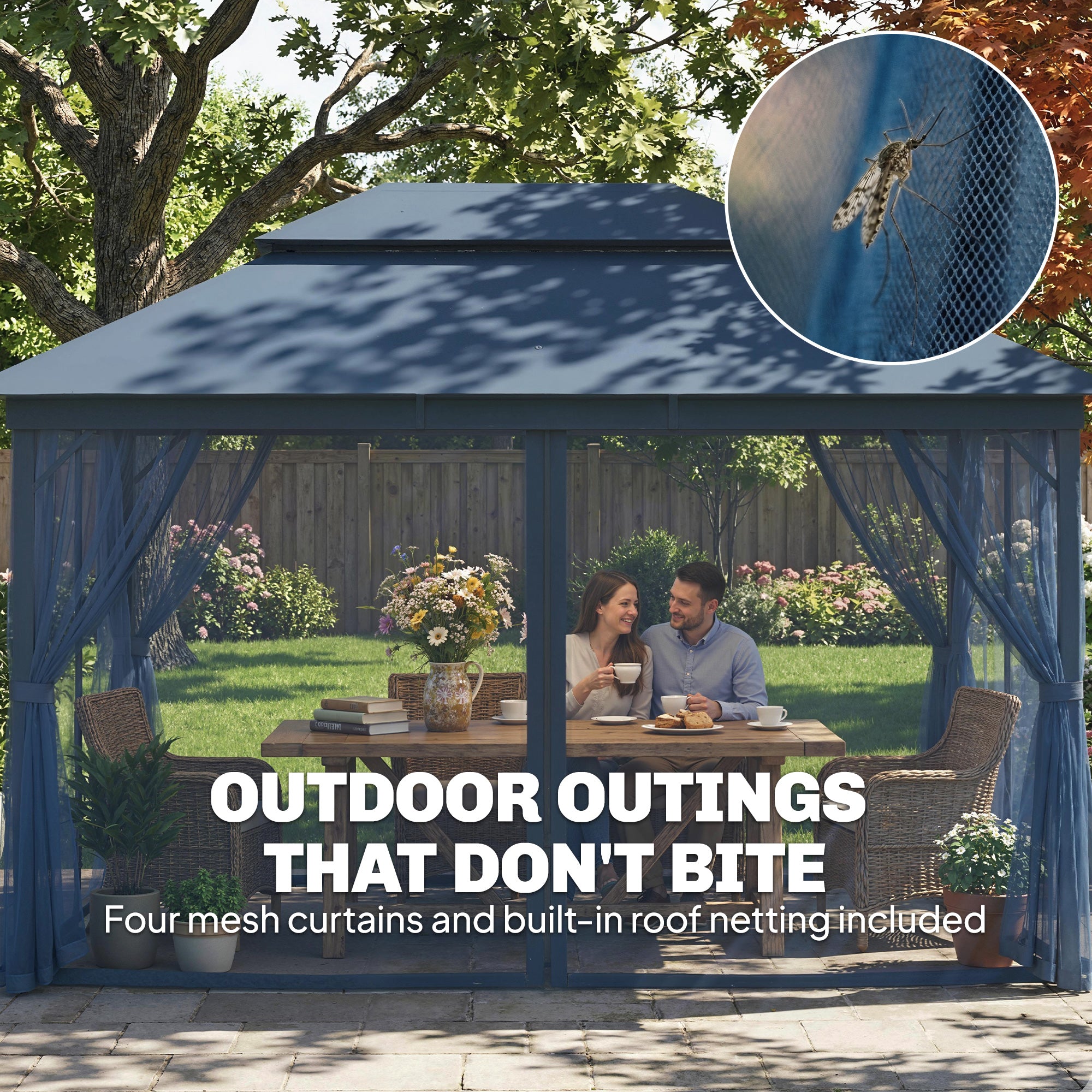 Outsunny 3 x 4 m Outdoor Garden Gazebo with Netting and Curtains, UPF50+ Patio Gazebo Permanent Pavilion Canopy, Dark Blue
