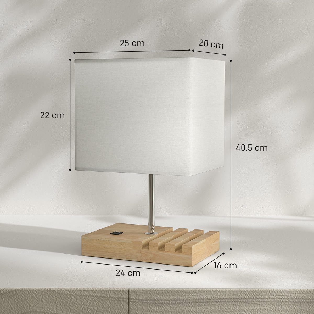 Bedside Lamp with USB A+C Charging Ports and 3 Phone Stands, Modern Table Lamp with Solid Wood Base and Fabric Shade for Bedroom Living Room Office, E27 Socket, Bulb Not Included, White