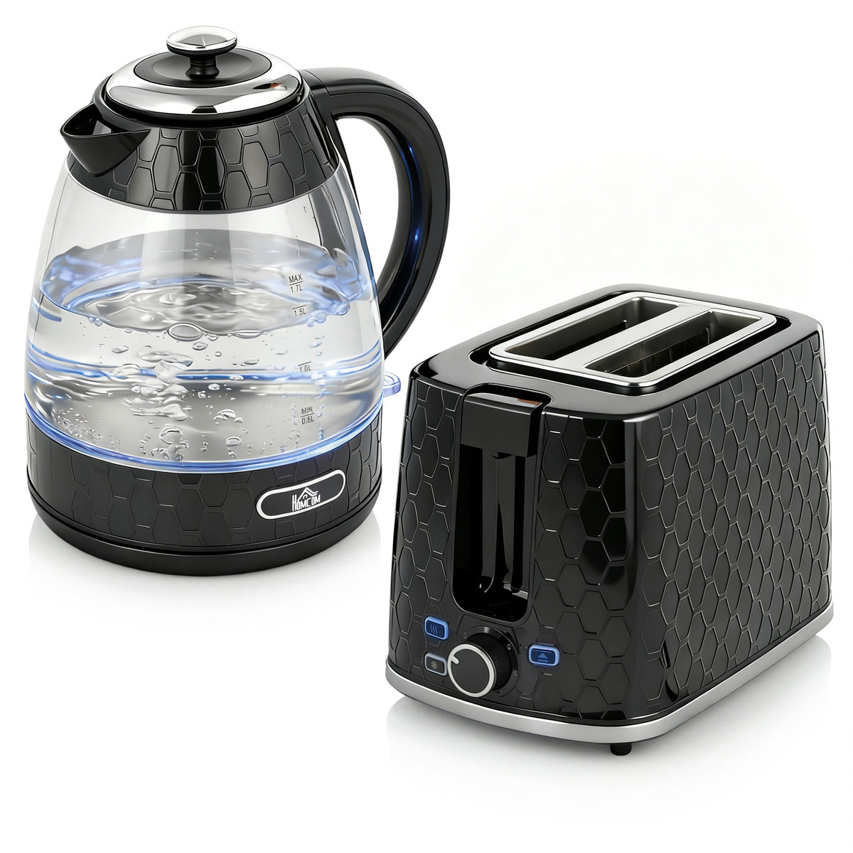 Kettle and Toaster Set, 1.7L 3000W Rapid Kettle with Limescale Filter, 2 Slice Toaster with 7 Browning Controls, Black