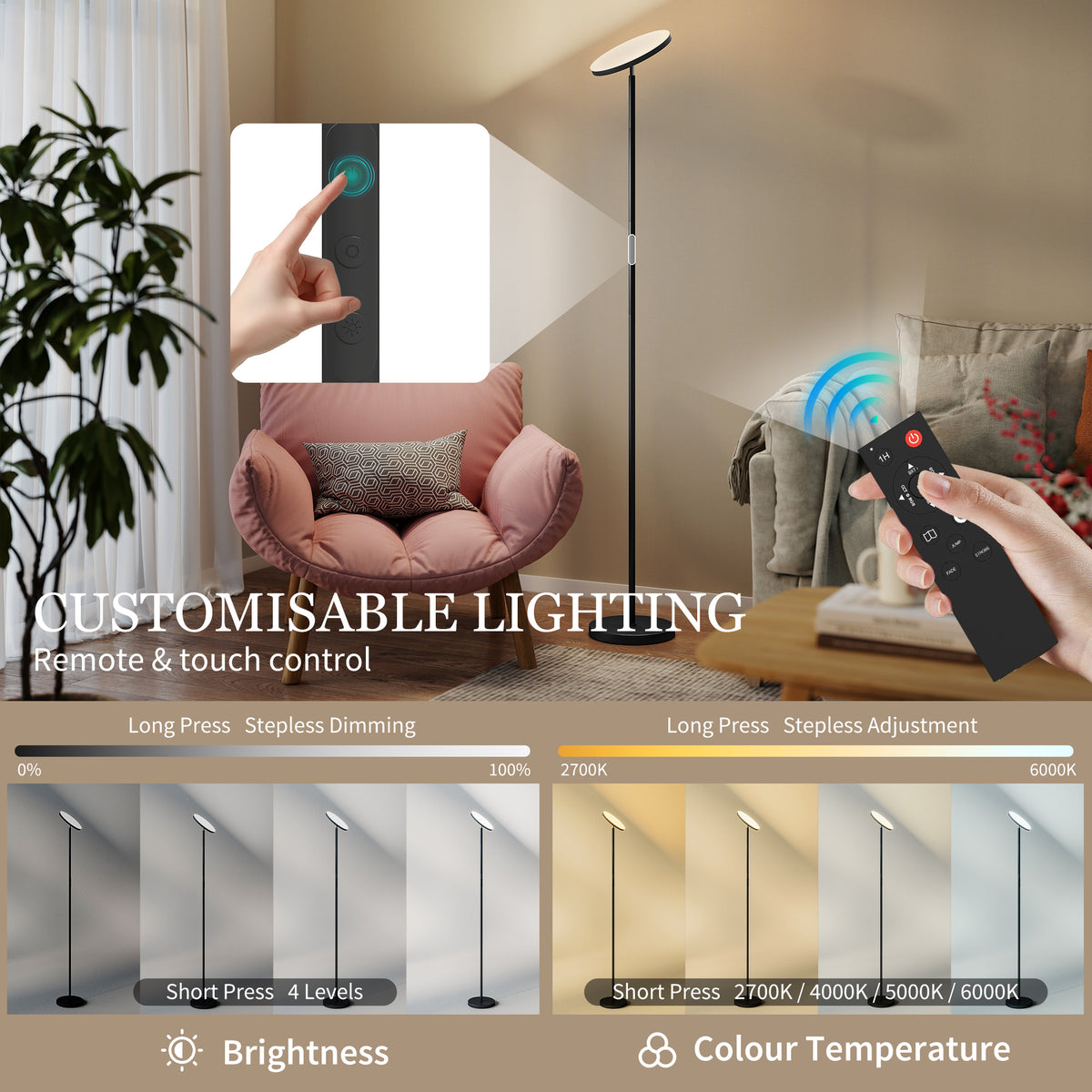 RGB Uplighter Floor Lamp, Tall Dimmable Standing Lamp with Remote & Touch Control, 350° Rotatable Head for Living Room Bedroom, 2700K-6000K Colour Temperatures, Black